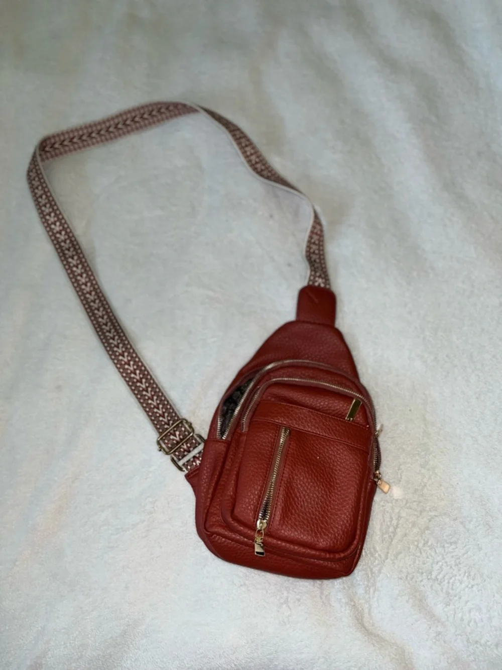 Women’s Crossbody Sling Bag in Burgundy with Gold Hardware